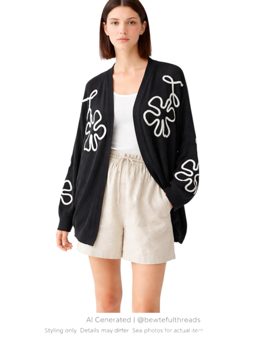 Minimalist Abstract Squiggle Cardigan Black White Artsy Lagenlook XL